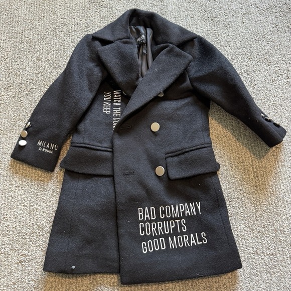 Milano Di Rouge Kids Christian Trench Coat NEW Size 2T $198 Black Wool Blend - Picture 3 of 9